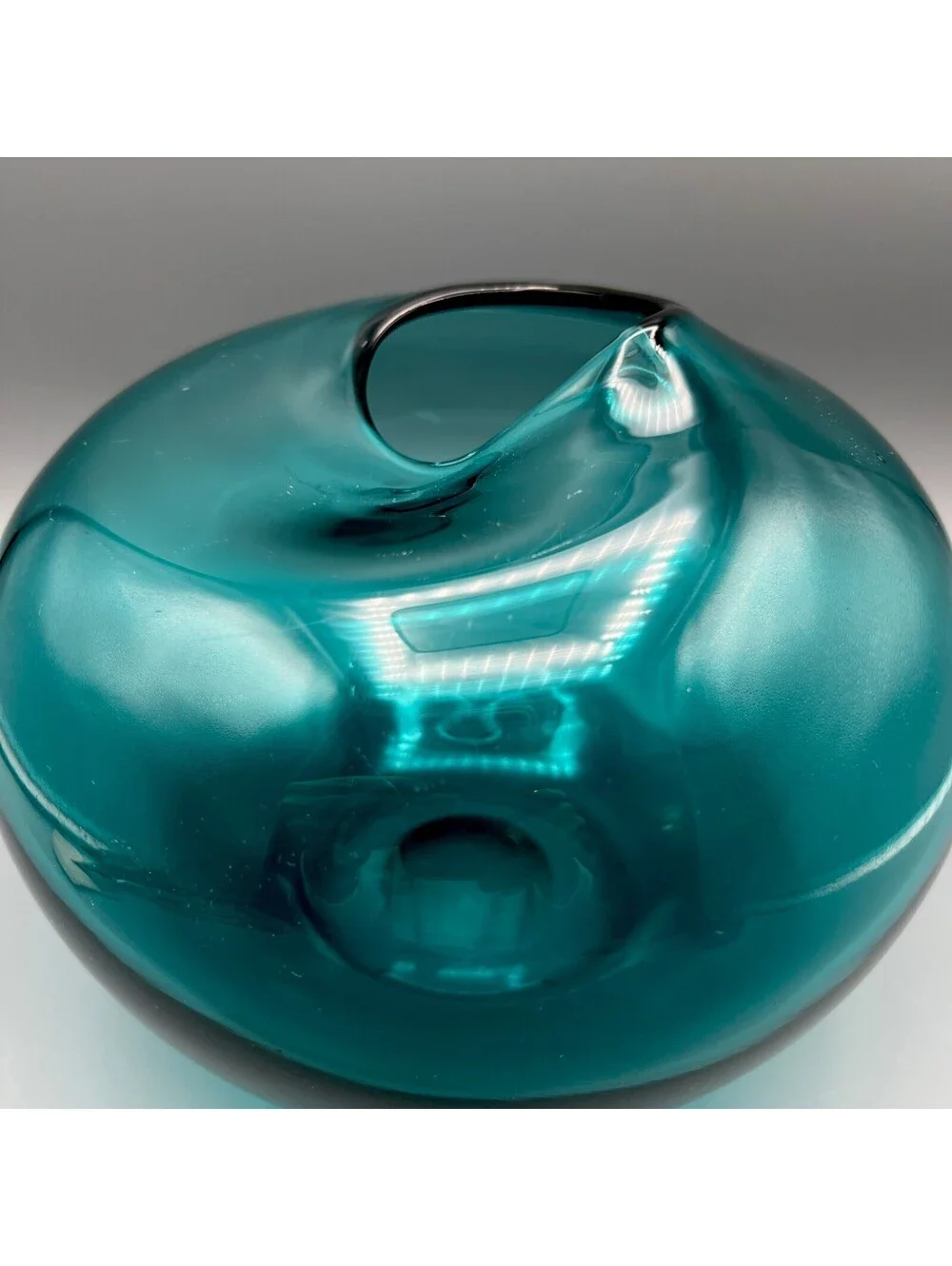 Studio Art Glass Hand Blown Teal Vase Collapsed Pinched Rim Polished Pontil